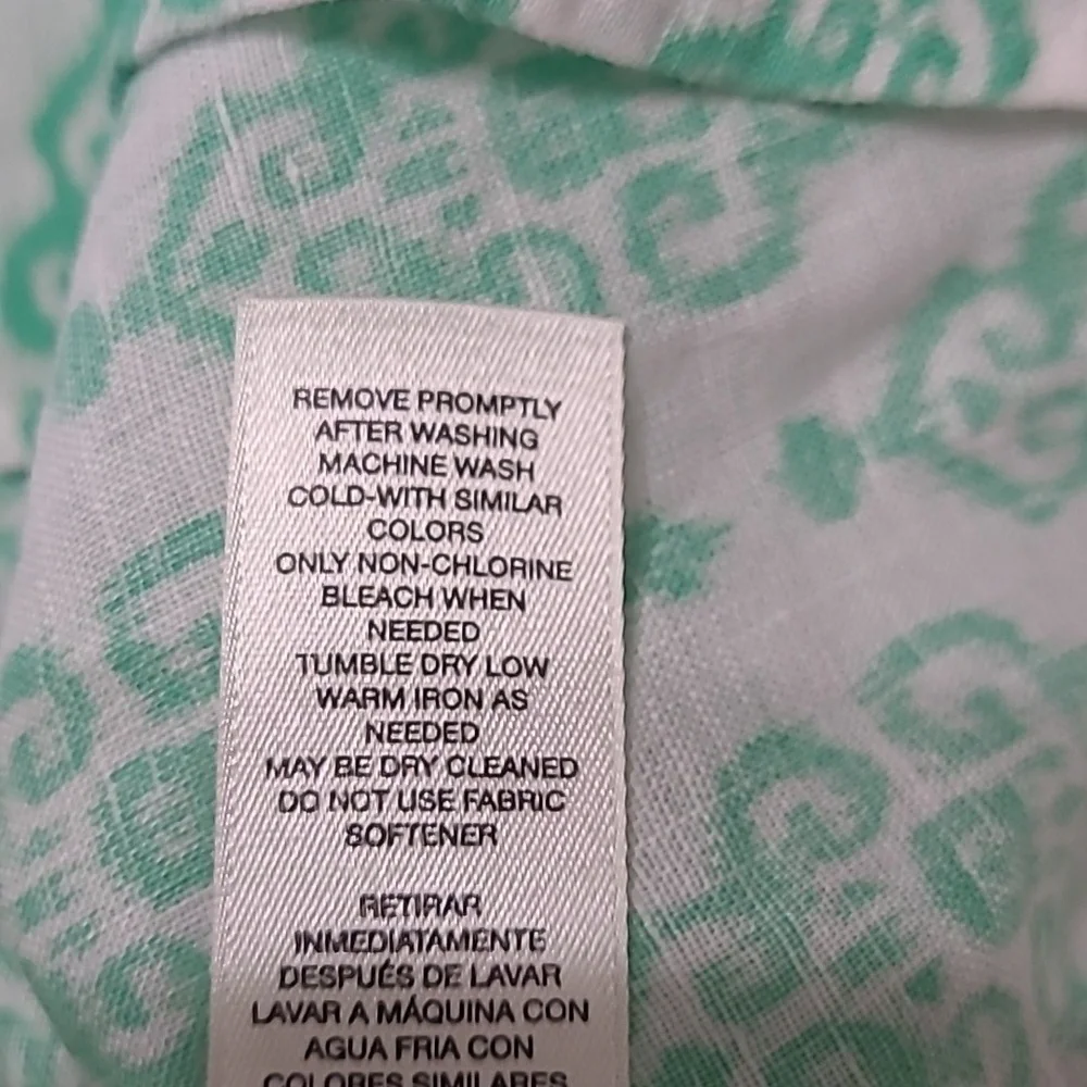 Chico's Green & White Patterned 100% Linen Button-Up 3/4 Length Sleeve Top (2)